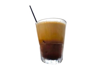 Photo of a Greek version of freddo espresso, a double shot of espresso blended with ice cubes and served over ice, isolated on white background.