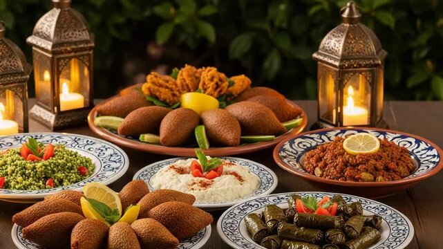 Lebanese holiday mezze featuring kibbeh, tabbouleh, and stuffed grape leaves beside lanterns