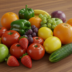 Fresh fruits and vegetables including tomatoes strawberries oranges lemons grapes green bell peppers cucumber banana apple and cabbage arranged wooden surface with vibrant colors and natural