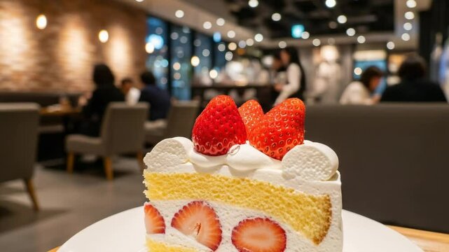 Japanese Christmas cake featuring strawberries and whipped cream served in urban caf&eacute;