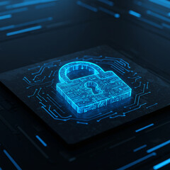 Cybersecurity lock symbol glowing in blue on digital circuit board representing data protection and secure technology in futuristic environment