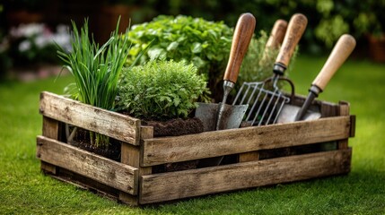 Wooden garden box filled with herbs and gardening tools