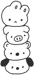 토끼 돼지 곰 강아지가 차례로 쌓인 귀여운 캐릭터 일러스트