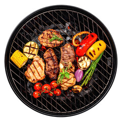 Overhead View of Grilled Meats and Assorted Vegetables on a BBQ Grill Isolated on Transparent Background with Selective Focus and Warm Lighting