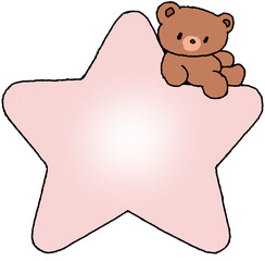 분홍 별 위에 앉아 있는 곰돌이 손그림 일러스트