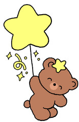 별 풍선을 든 갈색 곰돌이 손그림 일러스트 스티커