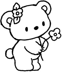 꽃을 든 곰돌이 손그림 일러스트 스티커
