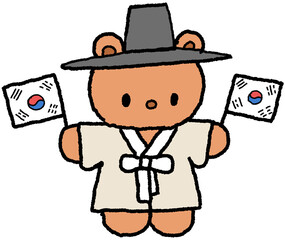 태극기를 든 한복 곰돌이 일러스트