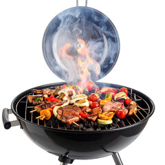Overhead View Of Grilled Barbecue Food With Smoke And Fire On Black Grill Against Transparent Background