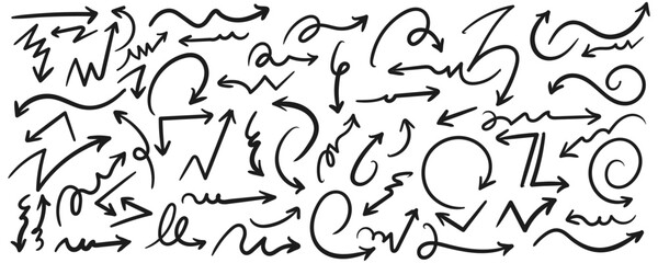 Hand Drawn Black Scribble Arrow Set with Transparent Background, Vector Curved Wavy Sketchy Swirl Marker Style Direction Pointer Symbol Doodle Illustration