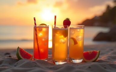 Refreshing drinks on a beach party at sunset for summer vacation, social media, and advertising. High quality