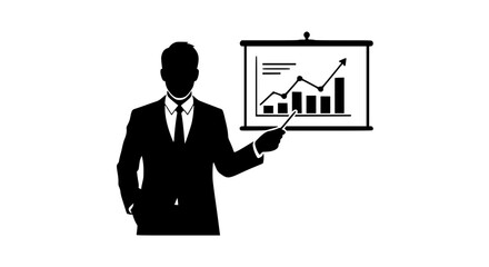 Professional Businessman Presenting Growth Chart on Whiteboard with Pointer Stick during a Business Meeting or Conference Demonstrating Financial Progress and Strategy