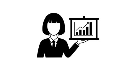 A professional woman presents a financial growth chart on a whiteboard demonstrating successful business performance and upward market trends in a clean illustrative style