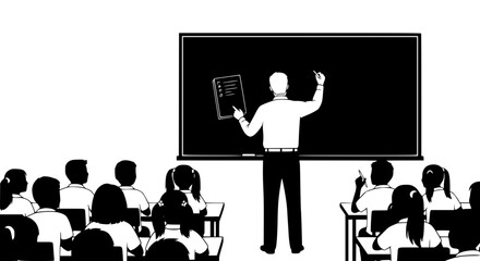 A teacher stands at the front of a classroom pointing to a blackboard while students sit at desks and listen intently