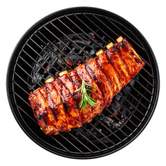 Close-up of a Rack of BBQ Ribs on a Black Grill Showing Texture and Color with a Sprig of Green Rosemary Food Isolated with a Transparent Background for Culinary and Restaurant Use