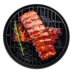 Close Up Of Delicious Barbecue Ribs On A Round Grill With A Sprig Of Rosemary Against A Transparent Backdrop Showcasing The Cooked Meat Its Texture And Color