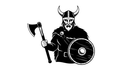 A Fierce Bearded Viking Warrior Holding a Battle Axe and Shield Ready for Combat in a Stylized Illustration