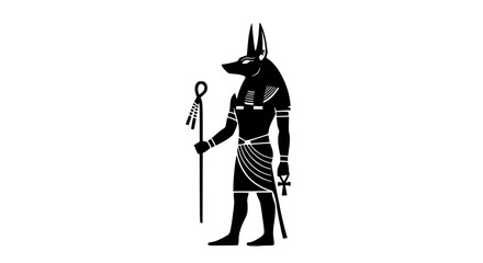 Ancient Egyptian Deity Anubis Depicted in Silhouette Holding a Staff and Ankh Symbol of Life and Death