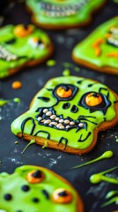Fototapeta premium Spooky Halloween Skull-Shaped Gingerbread Cookies with Green Icing