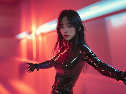Jeune femme asiatique en combinaison vinyle noire, bras &eacute;cart&eacute;s dans un couloir futuriste &eacute;clair&eacute; de n&eacute;ons rouges et bleus, ambiance cyberpunk et mode avant-gardiste avec reflet lumineux sur les paroi