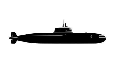 A streamlined dark silhouette of a military submarine moving through the water with a distinct sail and propeller © Retsher