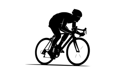 Silhouette of a professional cyclist in full racing gear speeding forward on a road bicycle in a competitive stance