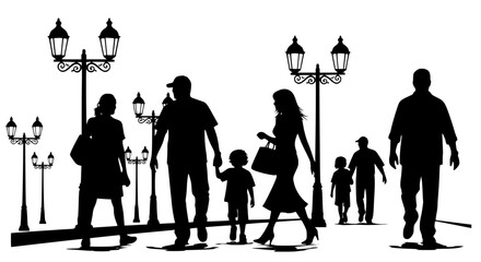 Silhouettes of people walking down a street with lampposts