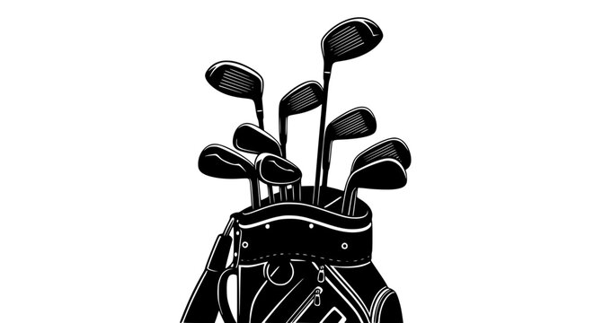 A Black And White Illustration of a Golf Bag Filled With Various Golf Clubs Ready for a Day on the Green Sporting Goods for the Game of Golf Equipment for Playing