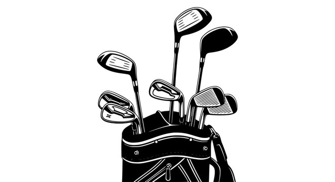 A black and white illustration of a golf bag filled with various golf clubs showcasing different head shapes and sizes designed for the sport of golf