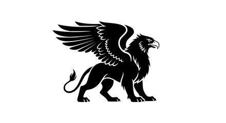 A Majestic Black Griffin Silhouette Standing Proudly Against a White Background Illustrating Mythological Creatures and Fantasy Art with Open Wings and Sharp Talons