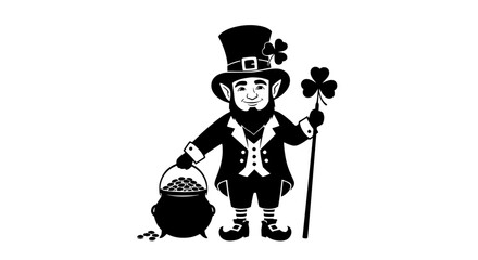 A charming leprechaun dressed in traditional attire stands proudly beside a pot overflowing with gold coins holding a shamrock adorned cane and a smaller shamrock on his hat