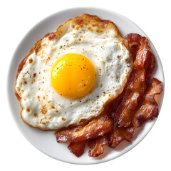 Tempting breakfast plate showcasing a fried egg with a bright yellow yolk served with crispy bacon, perfect for a morning meal, transparent background