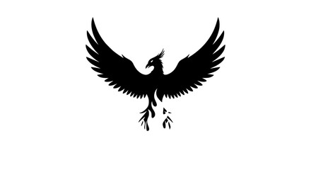 Symbol of a majestic black phoenix rising from vibrant flames with outstretched wings against a pure white background representing rebirth resilience and powerful transformation