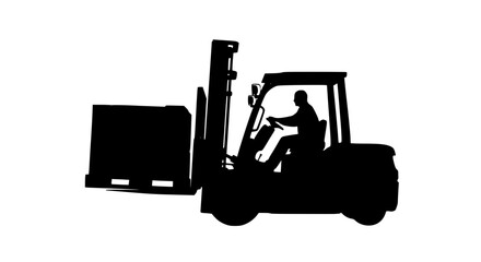 Silhouette of a Forklift Truck Operator Lifting a Pallet of Goods in a Warehouse Environment for Industrial Logistics and Material Handling Operations