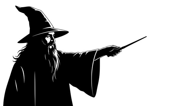 A wise old wizard in a pointed hat casts a magical spell with his wand in a dramatic black and white illustration perfect for fantasy stories and mystical themes