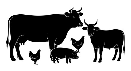 A charming collection of farm animals including two cows a pig and three chickens rendered in a simple black silhouette against a white background showcasing domestic livestock and poultry