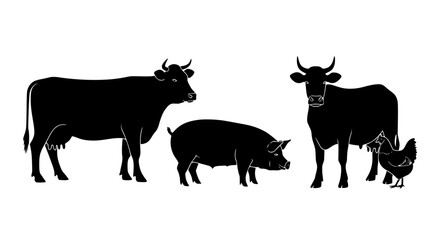 Diverse Farm Animals Silhouette Collection Featuring Cattle a Pig and a Chicken