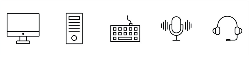 Computer Devices Line Icons – Monitor, CPU, Keyboard, Microphone, and Headset