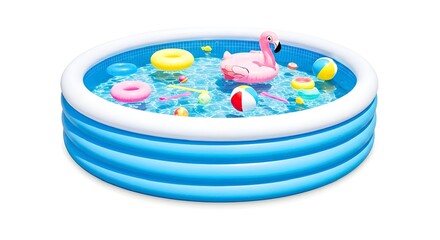 outdoor swimming pool with splashes of inflatable flamingo and doughnuts buoys rings