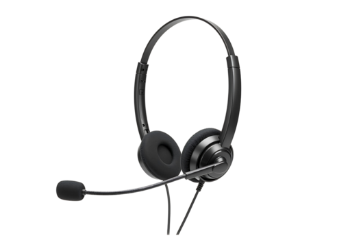 Modern black headset with microphone for communication and online calls isolated on transparent background - Powered by Adobe