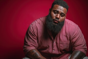 an overweight Black man with a beard, wearing a red shirt, sitting on the floor against red background