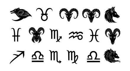 Collection of Zodiac Symbols and Mystical Animal Illustrations Featuring a Fierce Wolf and a Majestic Ram