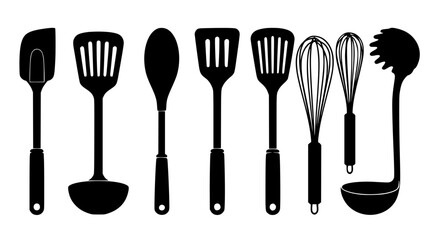 A collection of diverse kitchen utensils including spatulas whisks and ladles used for cooking and baking