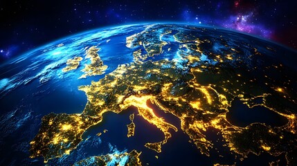 Illuminated Earth from Space Highlighting European Cities at Night