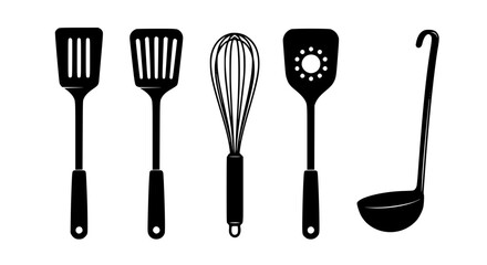 A Collection of Essential Cooking Utensils Including Spatulas Whisk and Ladle Presented as a Black and White Silhouette Illustration Perfect for Culinary Themes and Kitchen Design Projects