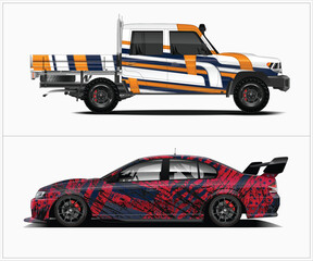Digitally Rendered Truck and Sedan with Custom Paint Jobs on White Background