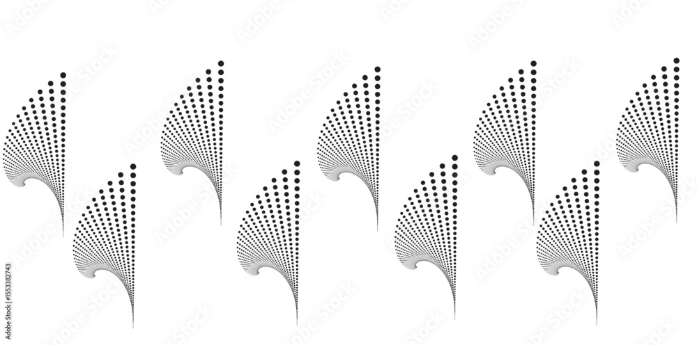 Poster a repeating pattern of abstract fan shaped designs with lines and dots on a white background evenly 