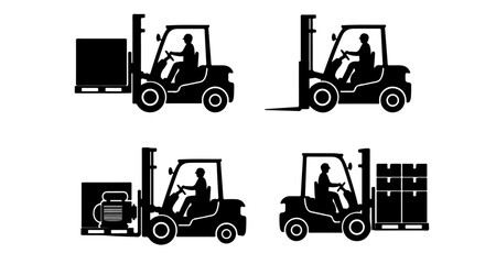 Forklift Operations: Lifting, Transporting, and Stacking Icons. This collection effectively represents logistics, warehousing, material handling, and industrial operations.