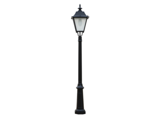 Ornate black double headed street lamp post isolated on transparent background