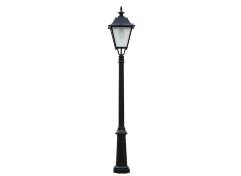 Ornate black double headed street lamp post isolated on transparent background